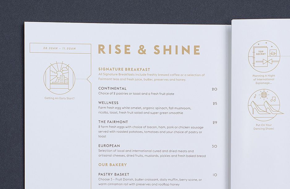 Inside of ARC Fairmount Waterfront rise & shine breakfast menu