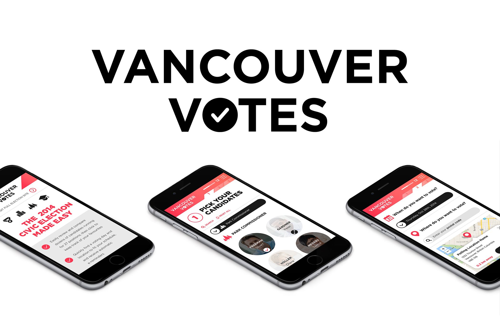 Three cellphone with the Vancouver Vote app displaying, representing the app used in the Vancouver Civic Election