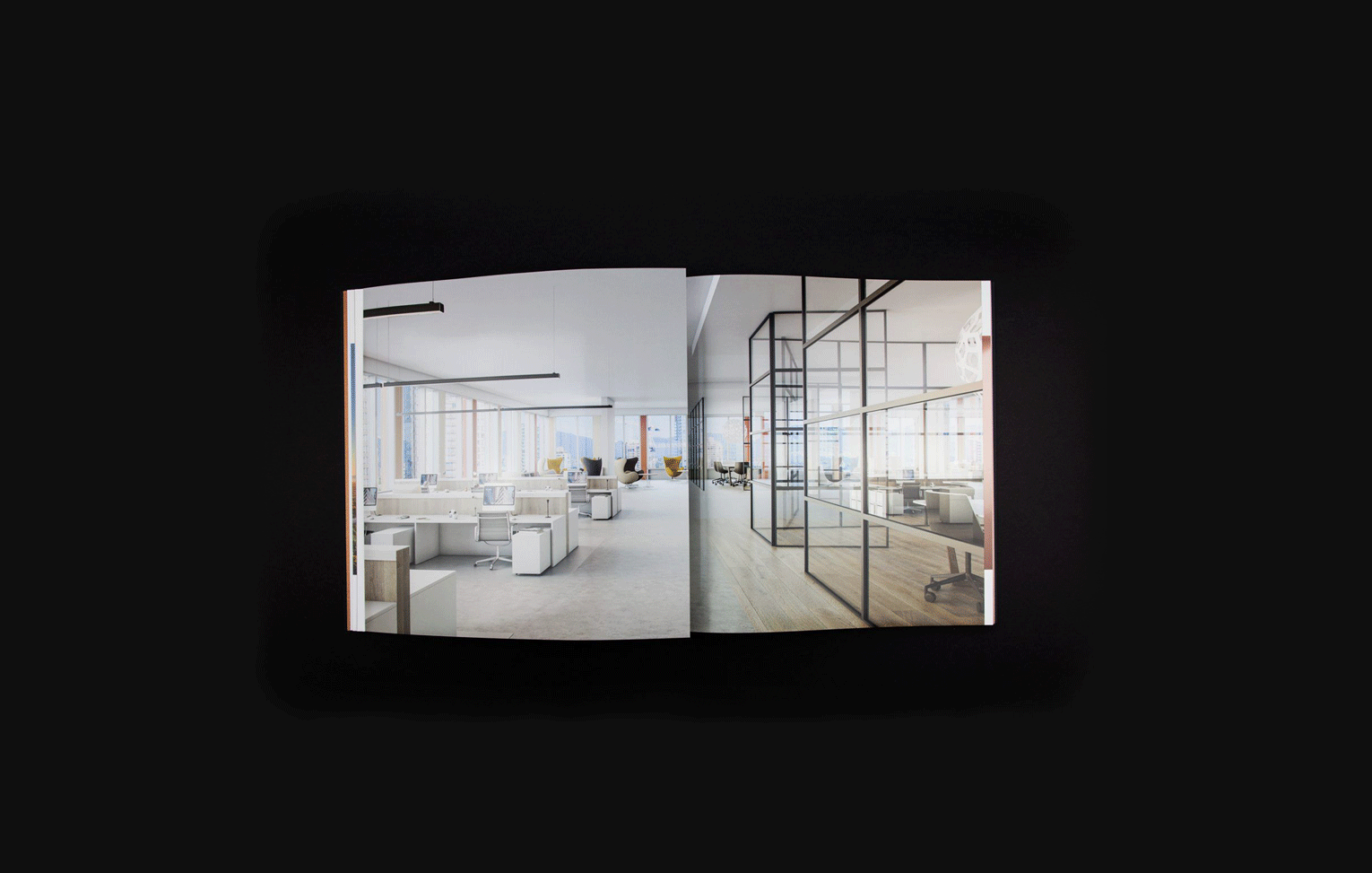 Inside layout of The Centre brochure, featuring view of office/retail space