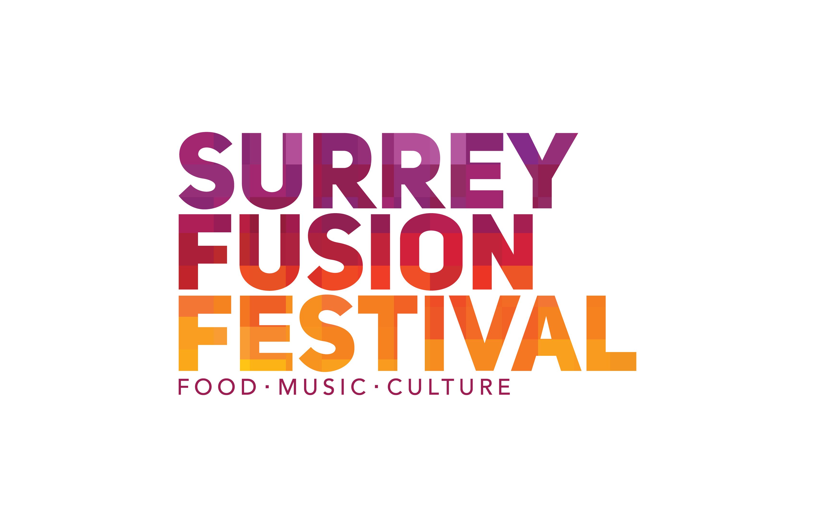 A mosaic logo of the words Surrey, Fusion, and Festival.