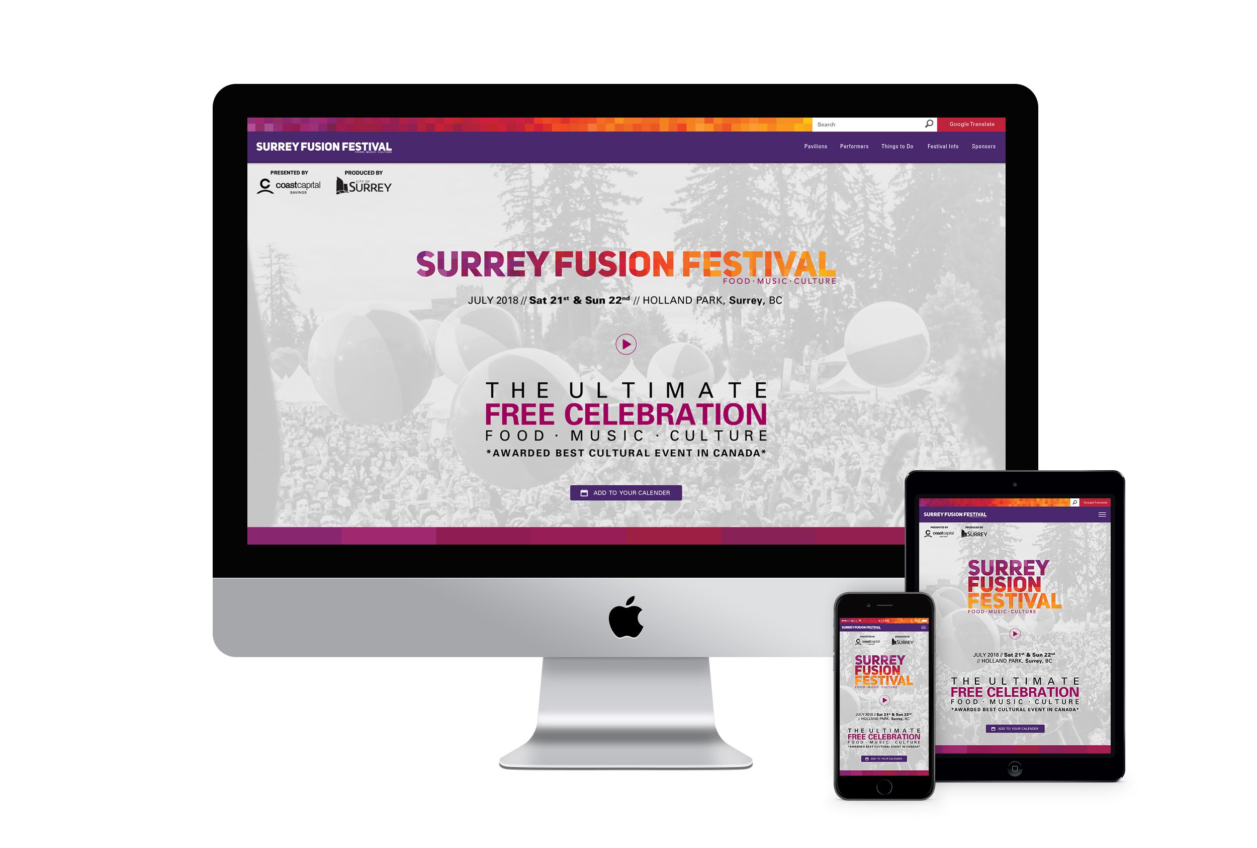 A mockup of the Surrey Fusion Festival website on an iMas, iphone, and ipad