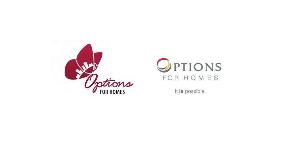 Before and after shots of Options For Homes branding logo