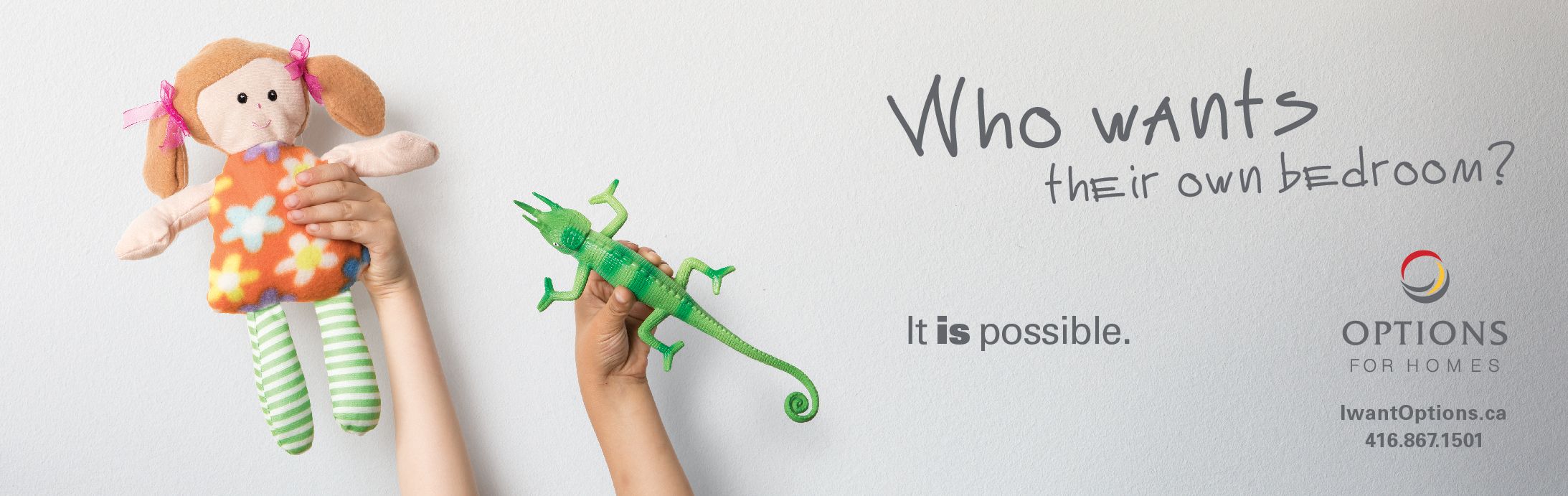 Two kids hands holding a doll and toy lizard against a white background. The the right, the grey capitalize text 