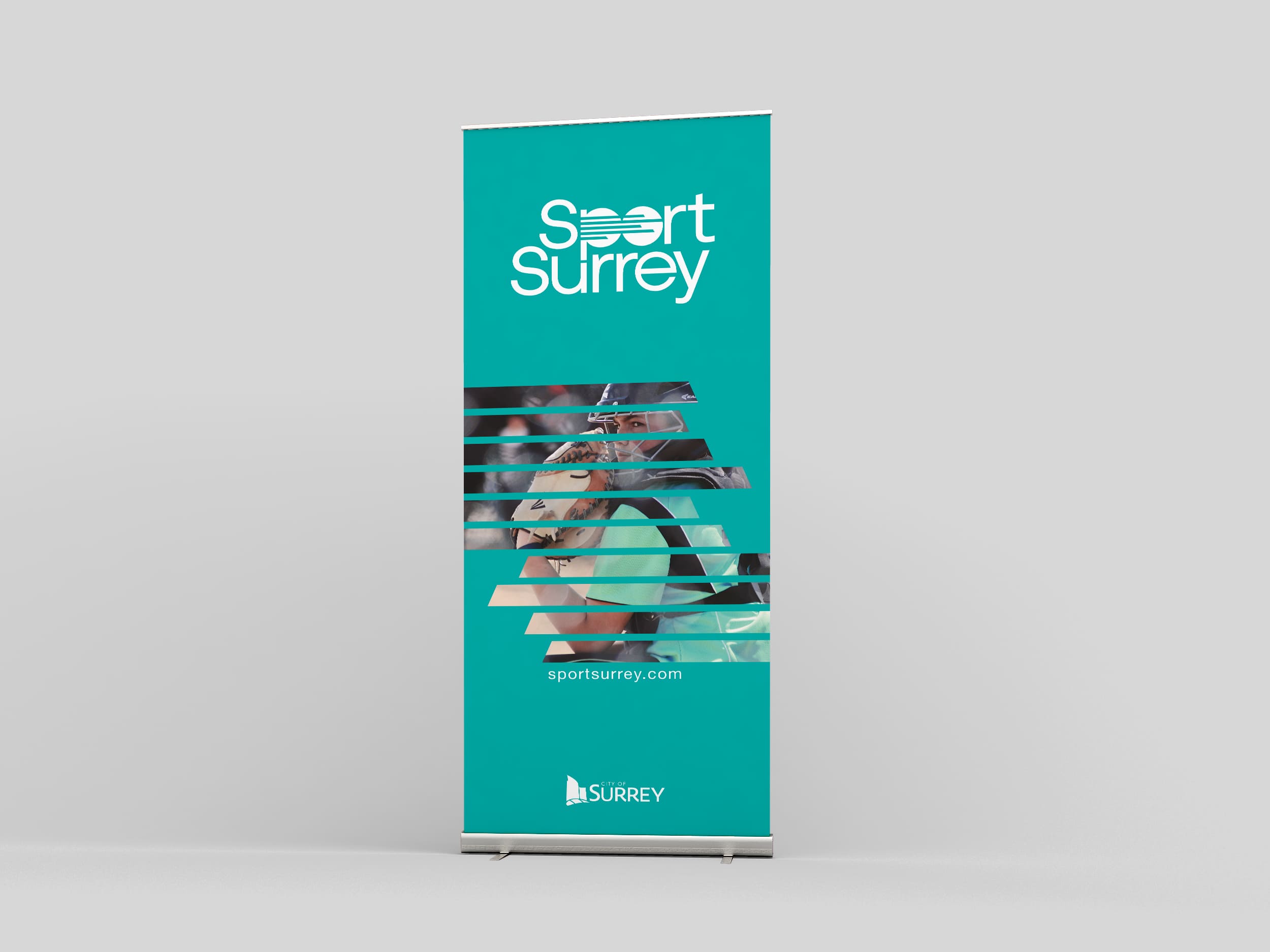 Sport Surrey's mock-cover of a teal brochure, featuring refreshed logo