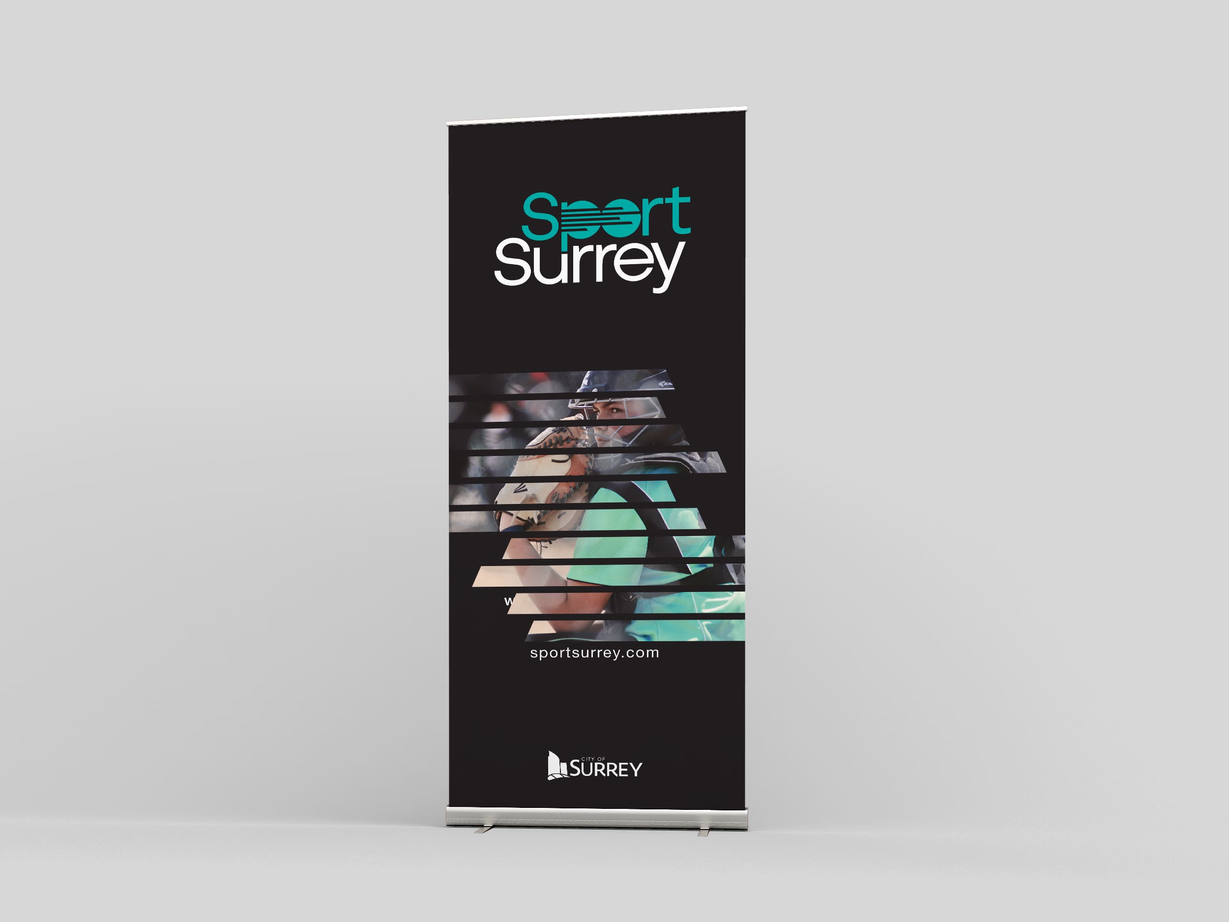 Sport Surrey's mock-cover of a black brochure, featuring refreshed logo