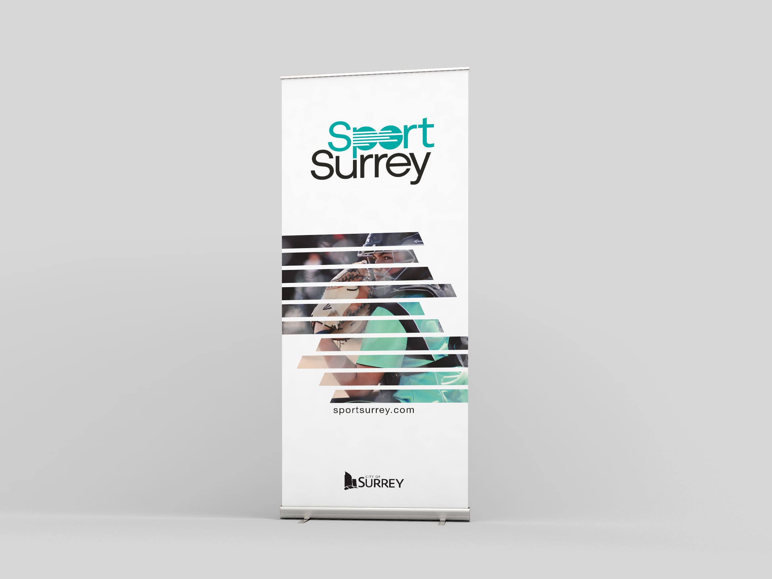 Sport Surrey's mock-cover of a white brochure, featuring refreshed logo