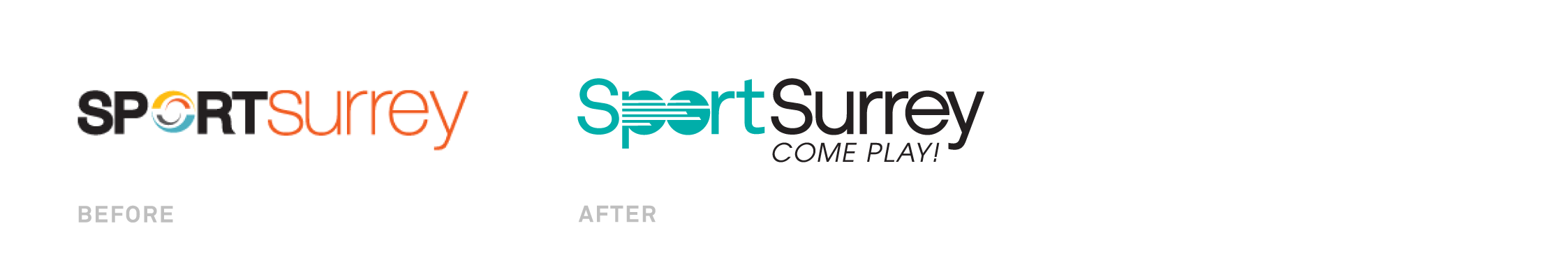 Rebrand for Sport Surrey featuring old logo vs rebrand logo and tagline "Come Play!"