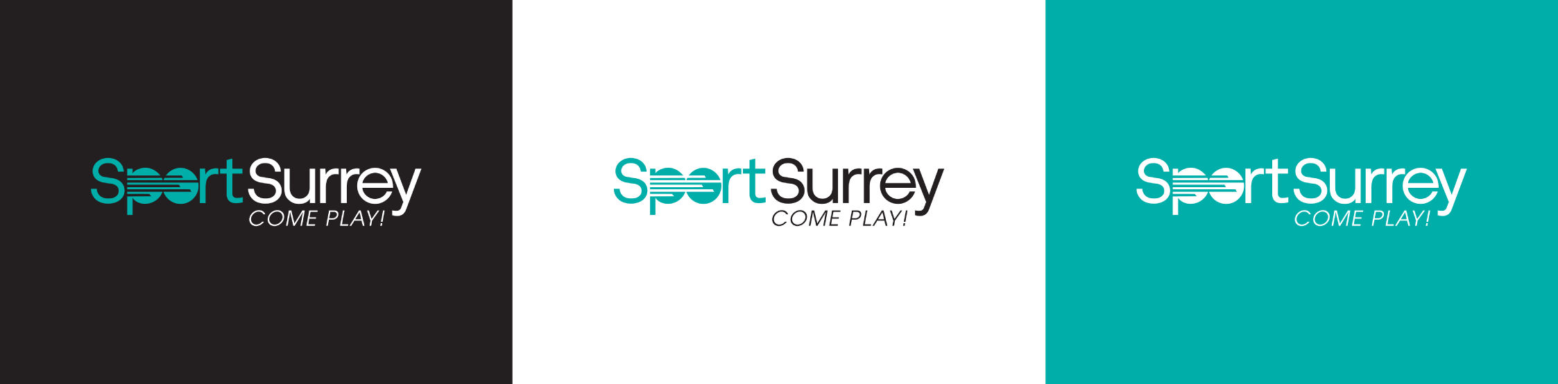 Versions of Sport Surrey's rebrand featuring three colour pallets (Black, white, teal)