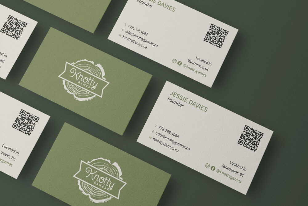 Business card mock-up designed by Nick Liang, intern at Hangar 18, featuring the new brand identity for Knotty Games.