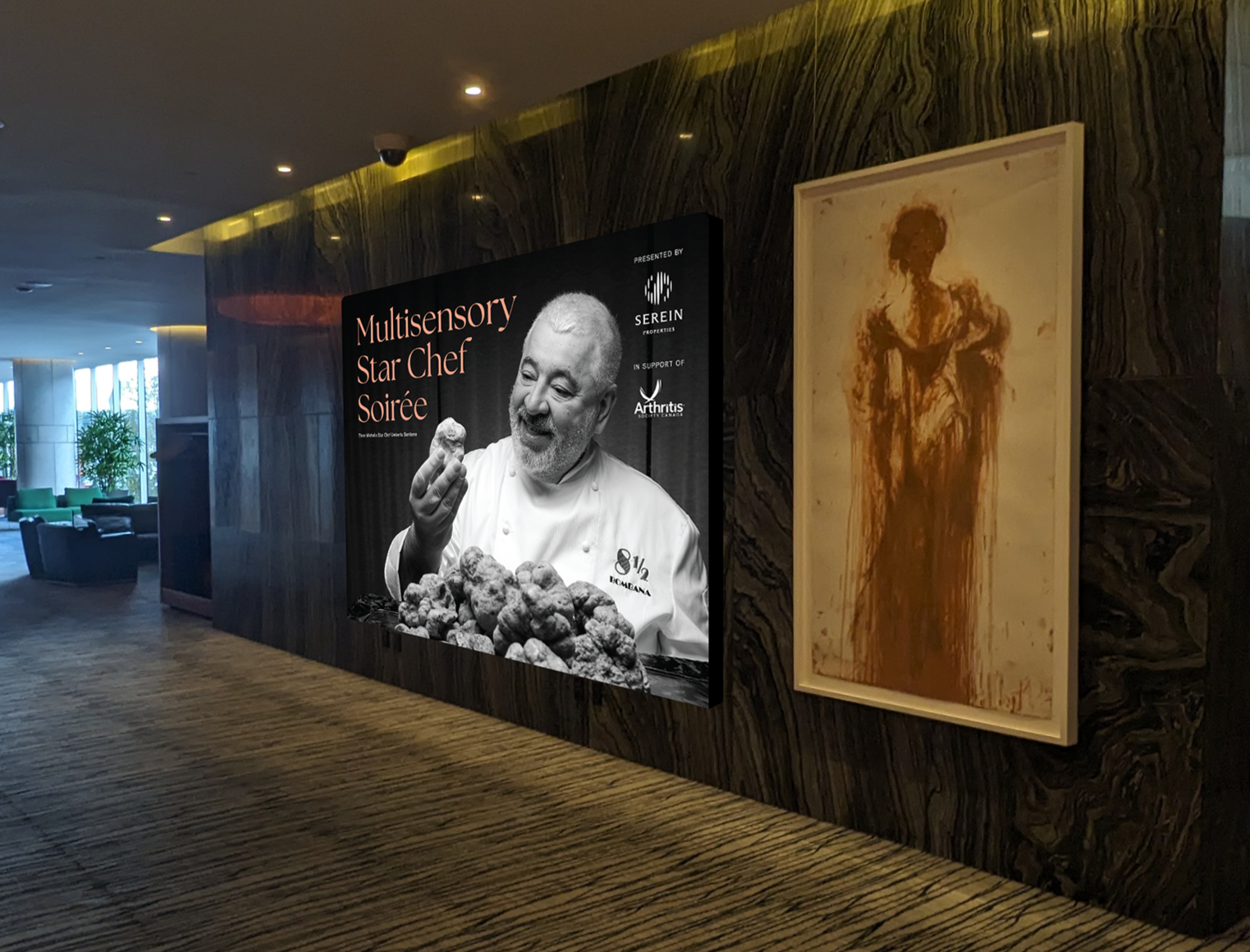 Event signage featuring a large image of Chef Umberto Bombana, King of White Truffles, with the Multisensory Star Chef Soirée event name and branding displayed at the Fairmont Pacific Rim.